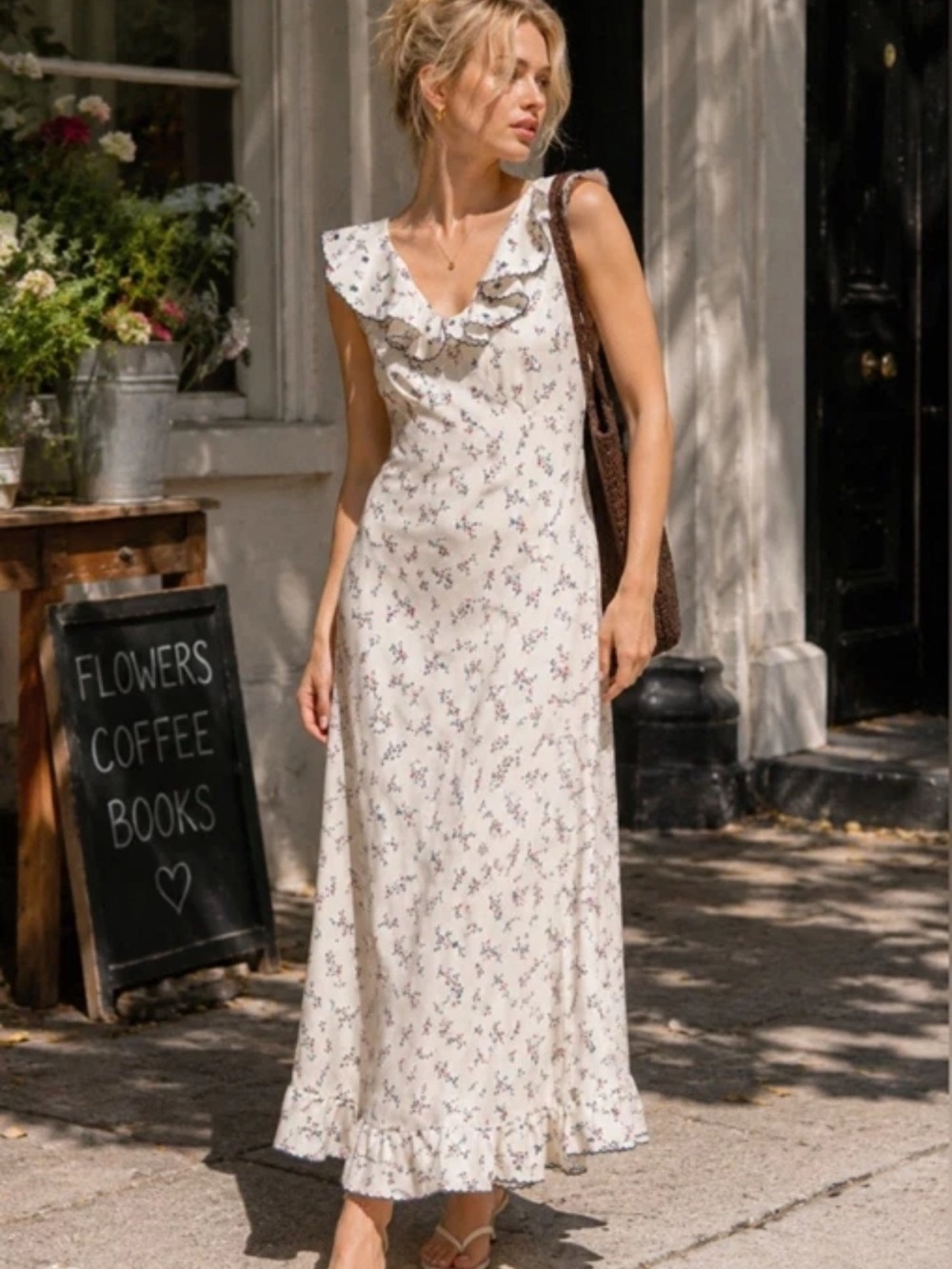 NWT Caroline Constas White Maxi Dress w/ Navy Floral embroidery silky ruffles - Picture 2 of 10